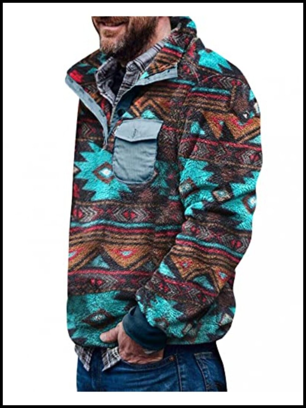 Mens Aztec Sherpa Fleece Pullover Sweatshirt Tribal Fuzzy Jacket
